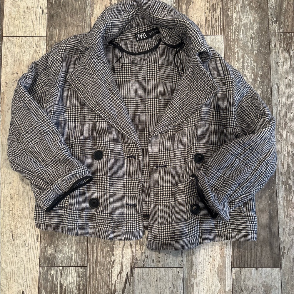 Zara Women's Black and White Checkered Pea Coat